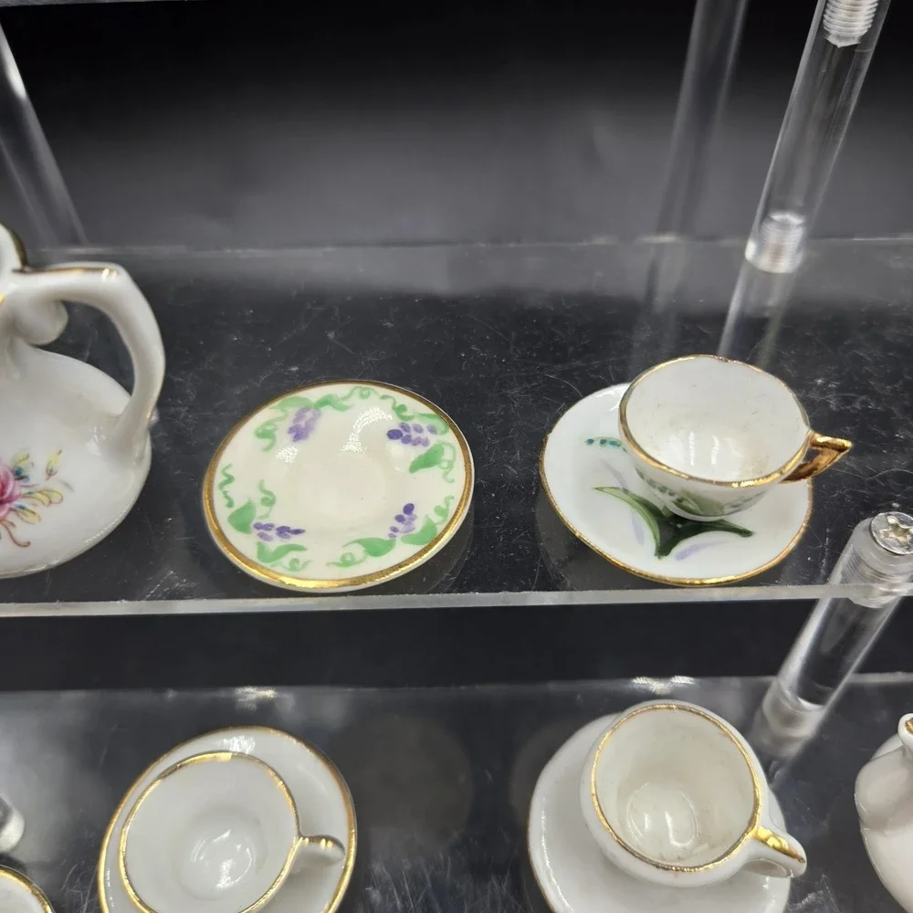 Vtg Miniature Ceramic Tea Set 22pc Pink Floral Rose w Gold Trim EXC Super Tiny